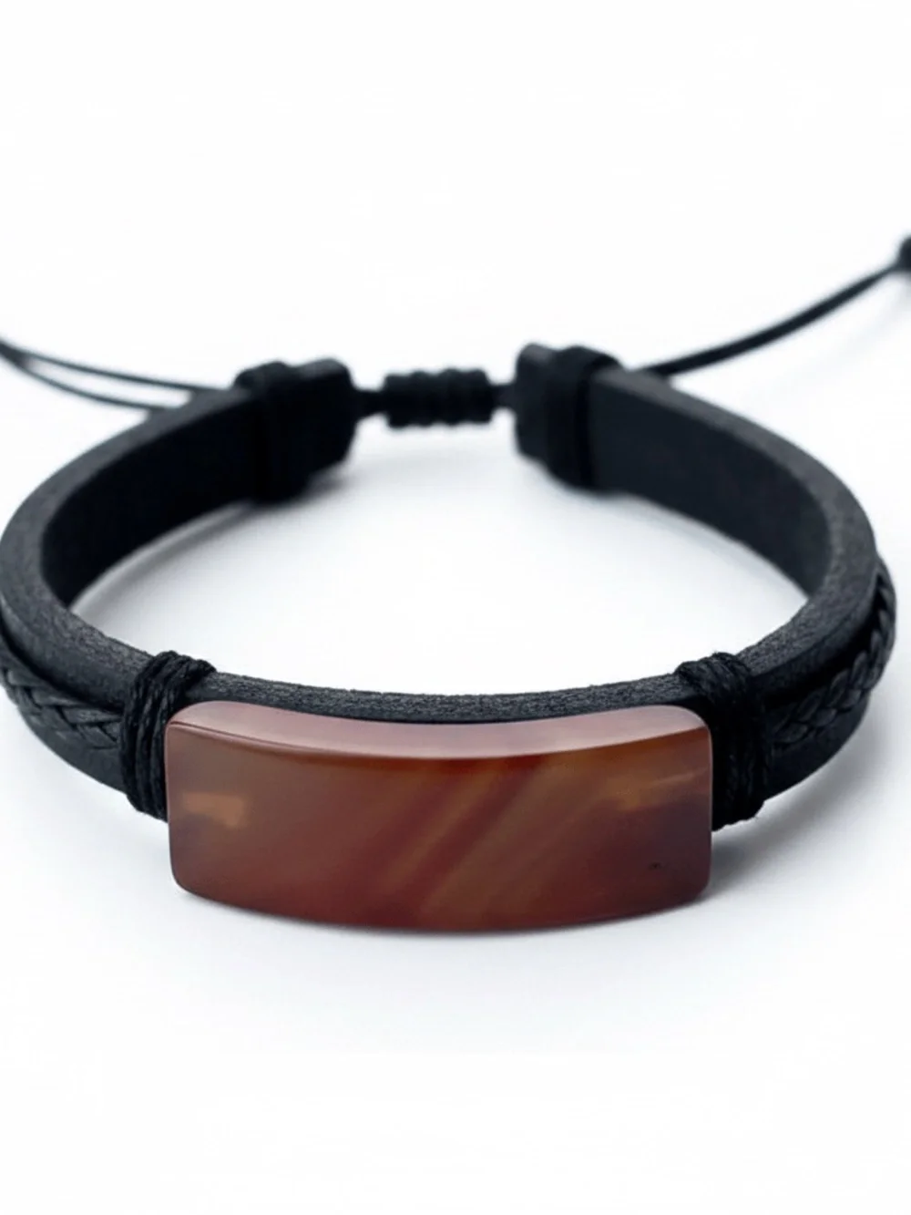 Black Leather Adjustable Cord Bracelet with Brown Bar Charm